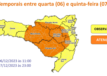 Atenção Meteorológica – Temporais entre quarta (06) e quinta-feira (07)