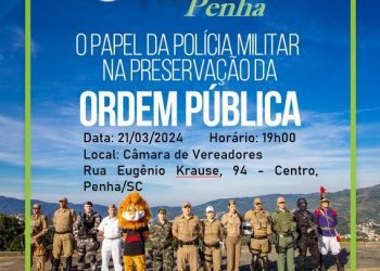 A Polícia Militar através do 3° Comando Regional PM estará promovendo junto com autoridades municipais, sociedade organizada, CONSEG e população em geral, o 1° PAINEL de Penha sobre o tema “O papel da Polícia Militar na preservação da Ordem Pública”.